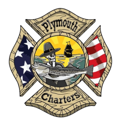 Badge design with Plymouth Charters text, Pilgrim hat, fish, ship, and American flags.