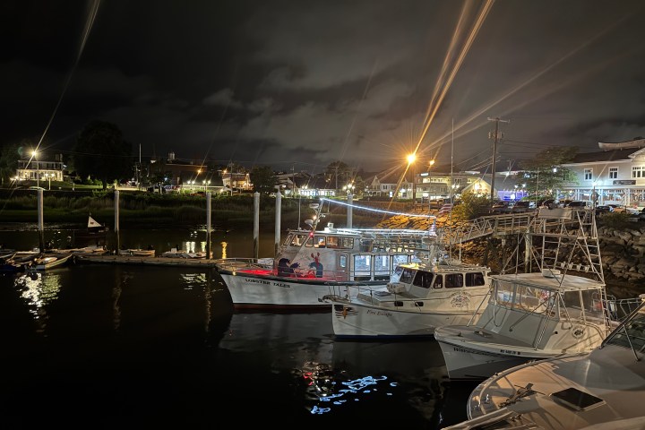 Night view of boats docked at a marina with illuminated buildings in the background under a cloudy sky.