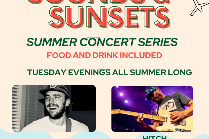 Flyer for 'Sounds & Sunsets' summer concert series with artist photos and event details.